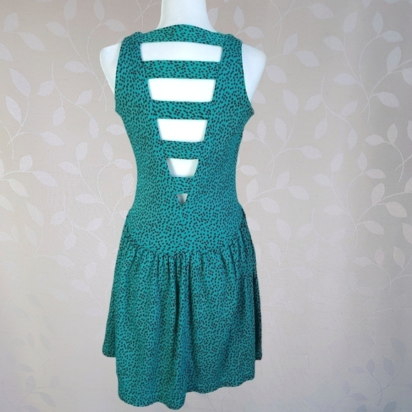 Vintage 90s South Beach Teal Black Polka Dot Cutout Back Button Front Mini Dress - Picture 9 of 15